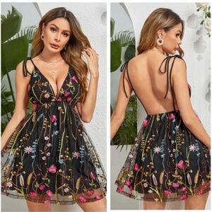SHEIN Floral Embroidered Backless Mesh Dress